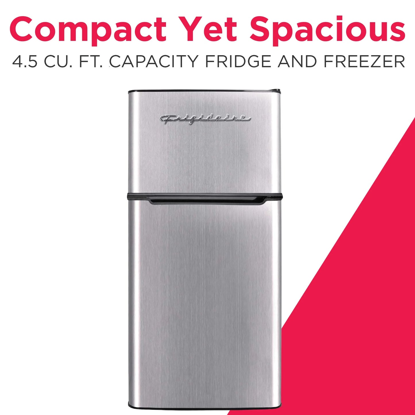 Frigidaire 4.5 Cu. Ft. 2‑Door Compact Refrigerator – Platinum with Chrome Trim | Top Freezer & Adjustable Shelves