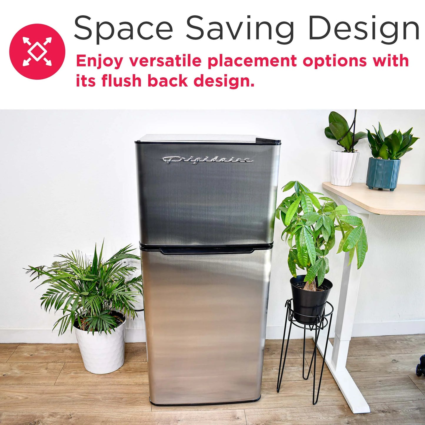 Frigidaire 4.5 Cu. Ft. 2‑Door Compact Refrigerator – Platinum with Chrome Trim | Top Freezer & Adjustable Shelves