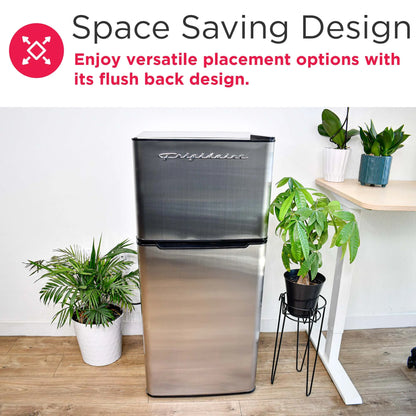 Frigidaire 4.5 Cu. Ft. 2‑Door Compact Refrigerator – Platinum with Chrome Trim | Top Freezer & Adjustable Shelves